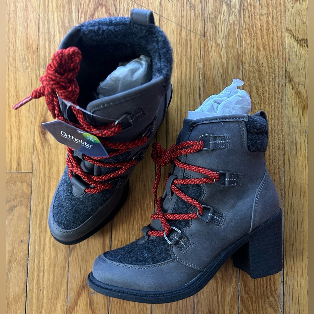 Sonoma Grey Boots | Red Lace Up, Wool Trim | TAG ON